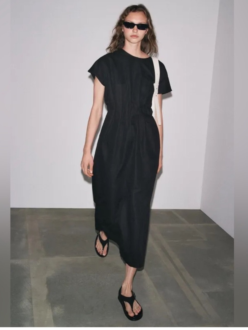 ZARA ZW COLLECTION LINEN PLEATED MIDI DRESS POCKETS MEDIUM - Picture 5 of 10